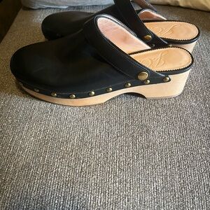 J. Crew Black Leather Mules with Wooden Sole